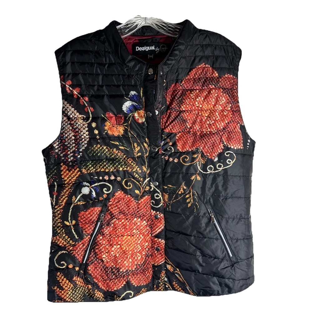 Desigual Black Quilted Vest with Red Floral Print
